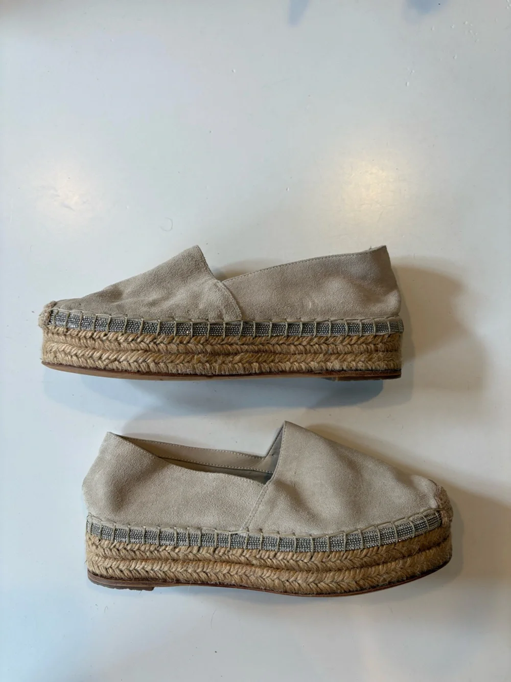 Brunello Cucinelli || Platform Suede‎ Espadrilles Beaded in Dove Beige Tan 37